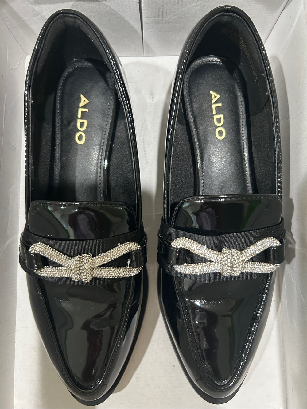 ALDO Black Patent Loafers with Crystal Knot Accent